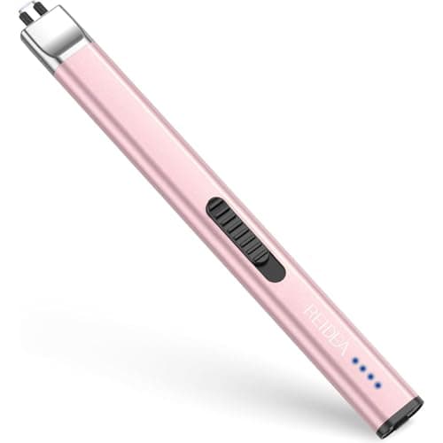 REIDEA Electric Lighter R1 Flat Candle Lighter, Windproof Flameless USB Rechargeable Arc with Safe Button and Power Indicator for Candle, BBQ and Fireworks, Rose Gold - Image 1