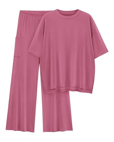 KIRUNDO Womens 2 Piece Outfits 2026 Summer Casual Loose Short Sleeve Pullover Tops & Wide Leg Pants Lounge Sets Tracksuit(Pink, XX-Large) - Image 1
