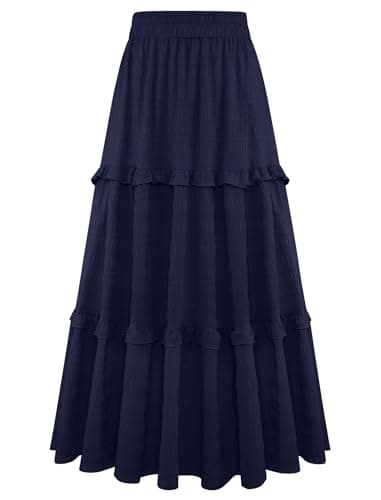 Gracyoga Plus Size Maxi Skirt for Women Casual Loose Flowy Elastic Boho A Line Layered Tiered Long Skirts with Pockets NavyBlue - Image 1
