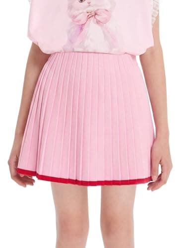 Girls Pink Knit Pleated Skirt with Red Trim, Elastic Waist Sweet Style Skirt for Teens 6-16Y - Image 1