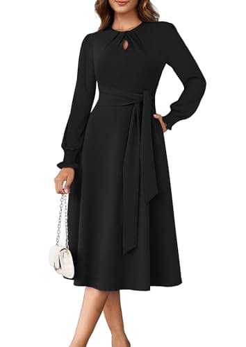 ECOWISH Womens Dresses 2025 Fall Long Sleeve Tie Waist Casual Wedding Guest Party Cocktail Flowy A Line Midi Dress with Pockets Black Large - Image 1
