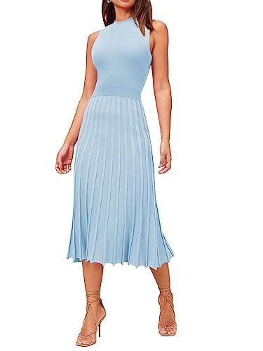Pink Queen Summer Dress for Women Crew Neck Sleeveless Party Cocktail Pleated Bodycon Knit Midi Dresses Blue M - Image 1