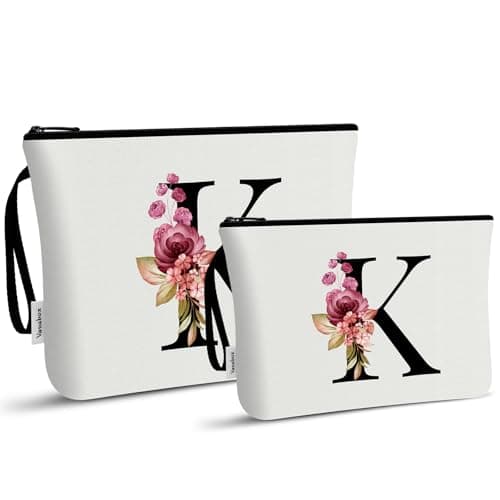 Vavabox A-Z Personalized Makeup Bag, Birthday Gifts for Women Mom, Gifts for Best Friend, Bride Bridesmaid Cosmetic bag (K, 03-White Set) - Image 1