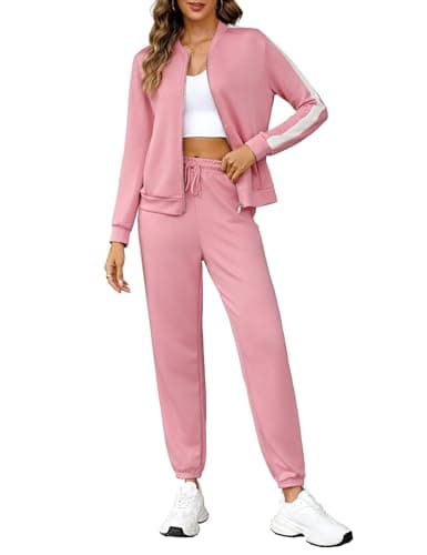 Totatuit Women's Tracksuit 2 Piece Outfits Zip Striped Sportswear Long Sleeve Jogger Suits for Women with Pockets Pink X-Large - Image 1