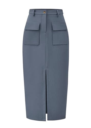 KIRUNDO Midi Skirts for Women Spring Summer High Waisted Cargo Trendy Pencil Slit Dressy Casual Business Work Long Skirt(Medium, Grey Blue) - Image 1