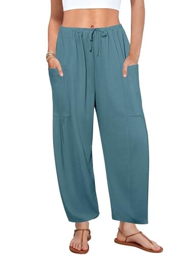 DLOODA Flowy Wide Leg Pants for Women, Drawstring Palazzo Harem Pants Casual Beach Vacation Trousers with Pockets Lake Blue - Image 1
