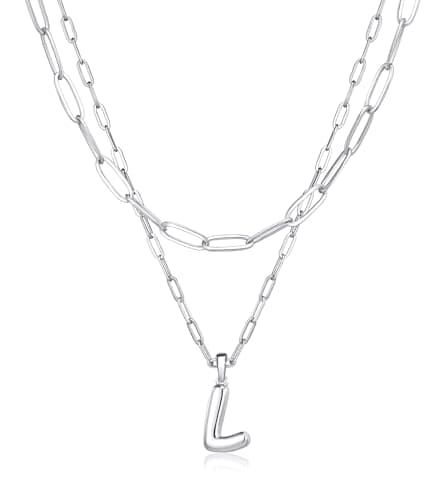 adoyi Easter Basket Stuffers Silver Initial Necklace for Women 14k Gold Plated Layered Bubble Letter Necklaces Trendy Jewelry Chain Name L Pendant Necklace Stack Birthday Valentines Gifts - Image 1