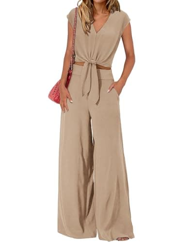 PRETTYGARDEN Vacation Outfits For Women 2025 Crop Tops Flowy Pant Sets 2 Piece Dressy Jumpsuits Summer Beach Wear(Solid Khaki,Medium) - Image 1