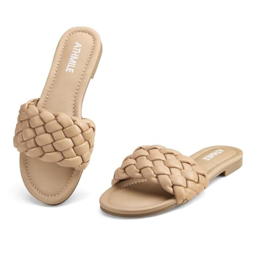 ATHMILE Braided Womens Sandals Round Open Toe Fashion Slide Sandals Women Dressy Summer Flat Beach Camel Size 10 - Image 1