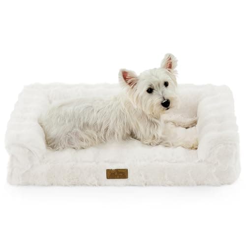 COZY KISS Faux Rabbit Fur Orthopedic Dog Bed, Dog Bed for Medium Size, Supportive Foam Pet Sofa with Waterproof Lining Cover, Washable U-Shaped Pet Couch with Anti-Slip Bottom, Beige M 30x20x6.5 inch - Image 1