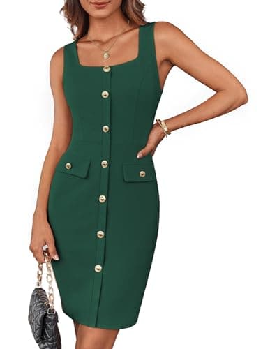 GRACE KARIN Women Summer Sleeveless Bodycon Midi Dress Business Work Buttons Belted Square Neck Dress Dark Green L - Image 1