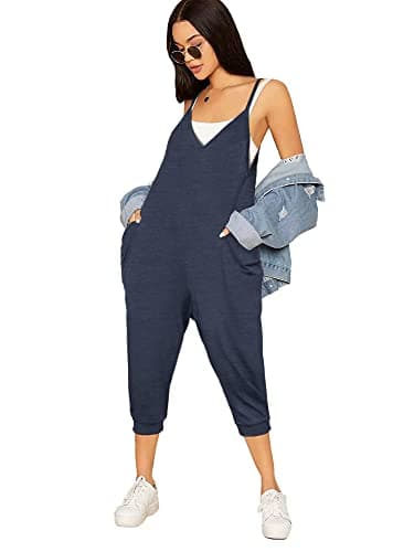 STOLKISS Women’s Casual Jumpsuits Summer Autumn Sleeveless V Neck Thin Shoulder Strap Adjustable Rompers with Pockets (Y017 Blue, Small) - Image 1