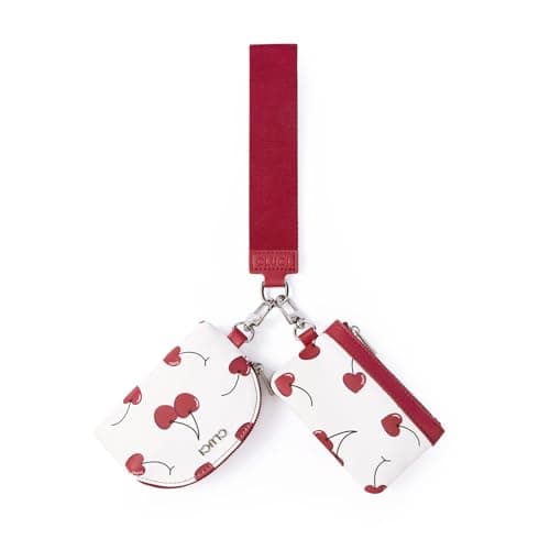 CLUCI Keychain Wallet for Women PU Leather Coin Purse Detachable Dual Pouch Wristlet Wallet Zipper Pocket Cherry Print - Image 1