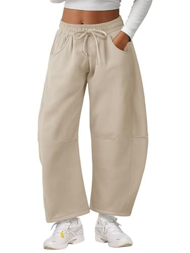 Bellcoco Barrel Sweatpants Women Casual Baggy Elastic Waisted Pants Wide Leg Gym Trousers with Pockets Apricot L - Image 1