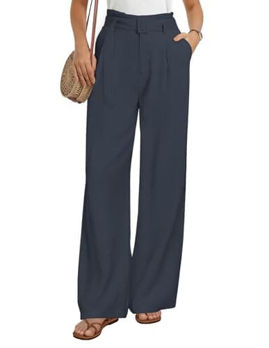 GRACE KARIN Business Casual Pants for Women Linen Wide Leg Long Adjustable Waisted Trousers 2026 Summer Fashion Navy Blue X-Large - Image 1