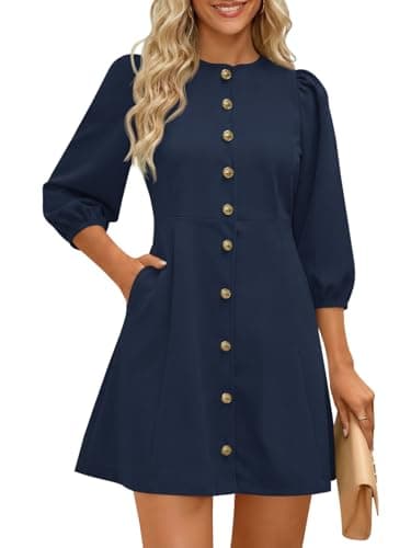 Wenrine Womens Summer Mini Dresses Casual Crewneck 3/4 Lantern Sleeve Button Down A Line Business Work Dress Navy - Image 1
