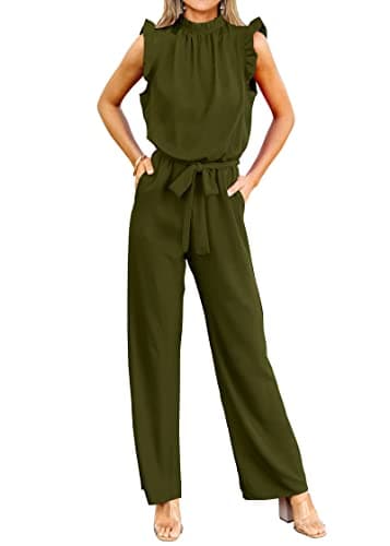 KIRUNDO Jumpsuits For Women Dressy Summer One Piece Sleeveless Ruffle Mock Neck Belt Pockets Formal Wide Leg Pants Romper(Army Green, X-Large) - Image 1