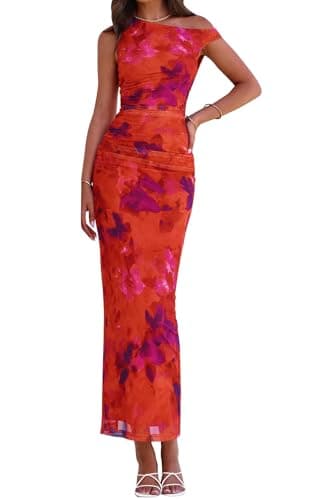 PRETTYGARDEN Women's Summer Maxi Bodycon Dresses Off the Shoulder Sleeveless Floral Print Long Party Club Slit Dress (Floral Rust Red, Small) - Image 1