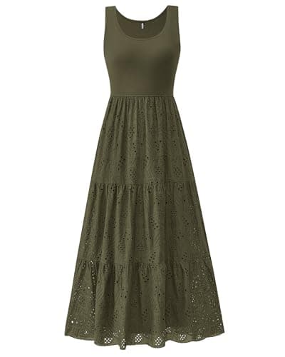 BTFBM Women Summer Eyelet Midi Dresses Casual Spring 2026 Sleeveless A Line Flowy Vacation Beach Wedding Guest Sun Dress(Army Green, Small) - Image 1