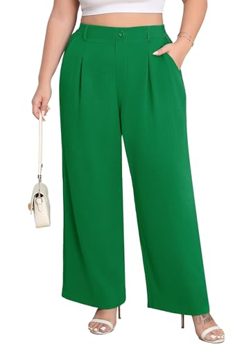 Lastshe Plus Size Pants for Curvy Women High Waist Pleated Wide Leg Paper Bag Casual Lounge Palazzo Straight Trouser,Dark Green,2X - Image 1