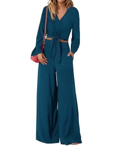 PRETTYGARDEN Women's 2 Piece Outfits 2026 Spring Fashion V Neck Long Sleeve Strappy Crop Top Wide Leg Pant Lounge Sets(Teal,X-Large) - Image 1
