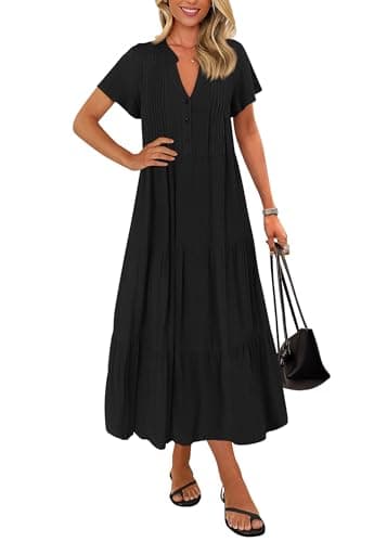 KIRUNDO Summer Maxi Dresses for Women 2026 Spring Fashion Short Sleeve Button V Neck Pleated Loose Tiered Swing Flowy Dress(Black, Small) - Image 1