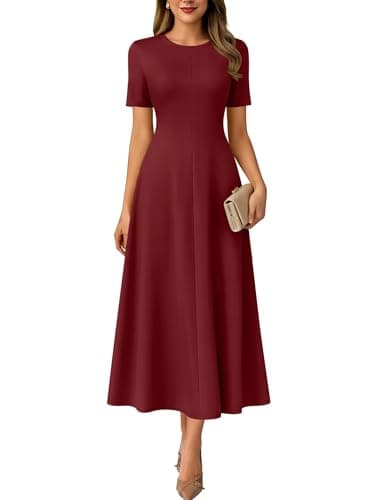 ANRABESS Womens Summer Maxi Dresses Casual Short Sleeve Elegant Classy Vintage 2026 Spring Flowy Cocktail Dress 80s Outfit Dark Red Large - Image 1