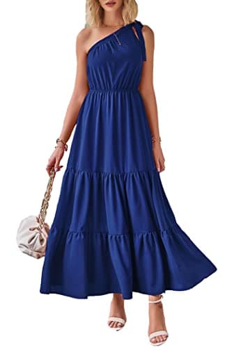 PRETTYGARDEN Women's Summer Floral Maxi Dress Knot One Shoulder Sleeveless Ruffle Flowy Boho Beach Wedding Guest Dresses (Solid Royal Blue,Small) - Image 1