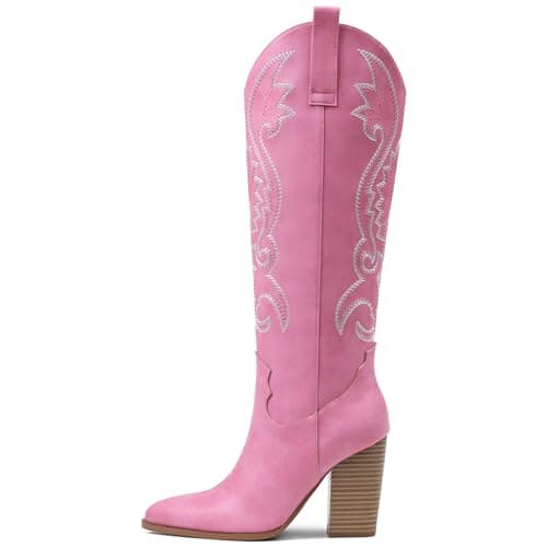 VOMIRA Womens Cowboy Boots Pointed Toe Embroidered Pink Cowboy Boots Chunky High Heel Western Boots Knee High Cowgirl Boots Women Bridal Wedding - Image 1