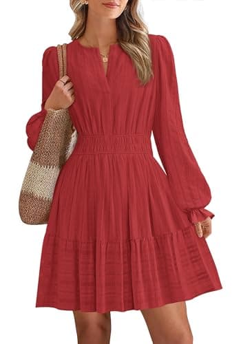 BTFBM Mini Dresses for Women 2026 Casual Lightweight Long Sleeve V Neck A Line Elastic Waist Party Holiday Dress(Red, XX-Large) - Image 1