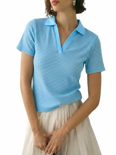 Tankaneo Womens Striped Polo Shirts Summer V Neck Short Sleeve Collared Knit Tops Dressy Casual Textured Blouse Blue - Image 1
