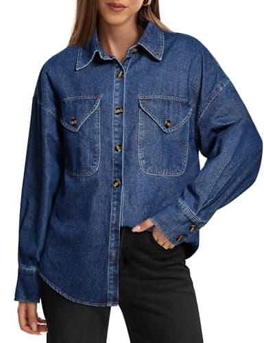 POTILI Women's Oversized Denim Shirt Long Sleeve Boyfriend Jean Jacket Button Down Blouse Top Dark Blue - Image 1