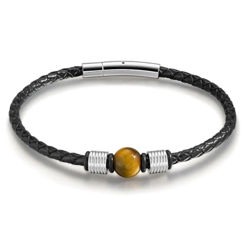 TRUMIUM Beaded Bracelets for Men Women Natural 10mm Tiger Eyes Mens Leather Bracelet Gemstone Jewelry for Him 9 Inch Length - Image 1