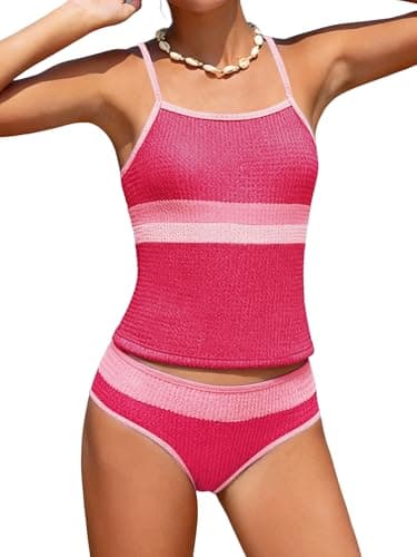 AMAWMW Teen Girls Tankini Set Color Blocking Swimsuit Two Piece Bathing Suit with Chest Pad for Girls 7-16Y, Hot Pink, 11-12Y - Image 1