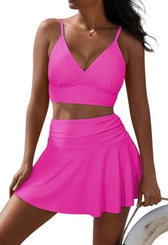 Pink Queen Women 2 Piece Swimsuits V Neck Spaghetti Straps Bikini Set Push Up High Waisted Swim Skirt Bathing Suit Rose Red XL - Image 1