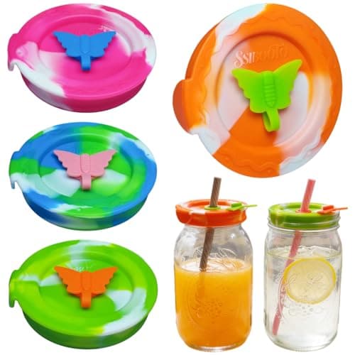 SSIBOOTO 4 Pack Silicone Mason Jar Lids with Straw Hole,Mason Jar Drinking Lids for Ball, Kerr and More,Fit Regular Mouth & Wide Mouth,Leak-Proof,Dishwasher Safe (Single&Mixed Color) - Image 1
