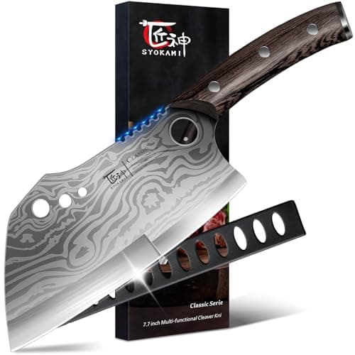 SYOKAMI Meat Cleaver Chef Knife with Sheath, 7.7 Inch Butcher Knife with Herb Stripper, Chopping Knife Heavy Duty Bone Cutting, Damascus Pattern Full Tang Wood Handle, Birthday Gift for Men - Image 1
