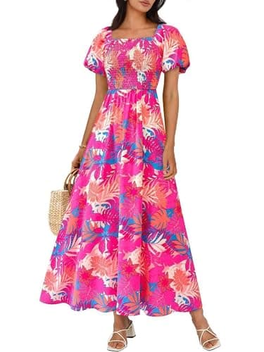 BTFBM Womens Spring 2026 Casual Maxi Dresses Short Sleeve Smocked Tiered Floral Boho Long Beach Dress with Pockets(Floral Pink,Large) - Image 1