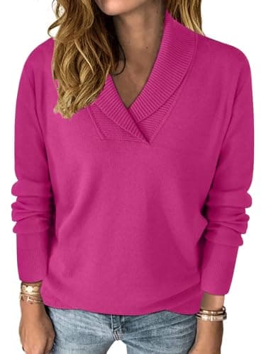 HDLTE Casual V Neck Sweaters for Women Shawl Collar Long Sleeve Work Sweater Dressy Ladies Polo Sweater Fall Winter 2025?Rose Pink,S? - Image 1