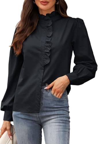 LOOKBOHO Women's Long Sleeve Shirts - Ruffle Lace Neck Button Down Tops Spring Dressy Elegant Solid Retro Blouse for Casual, Office, Work, Everyday Wear Black Large - Image 1