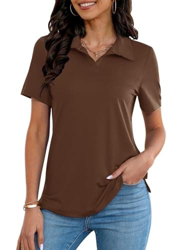 MK Shop Limited Polo Shirts for Women Business Casual Work Lapel Collared Tops V Neck Short Sleeve Summer Quick Dry Golf Polos Tunic Blouse Dark Brown S - Image 1
