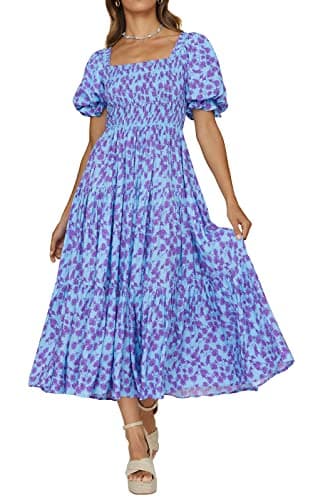 PRETTYGARDEN Women Casual Short Sleeve Square Neck Summer Dress Bohemian Floral Flowy Maxi Dresses Tiered Smocked Dress (Floral Light Blue and Purple,Small) - Image 1