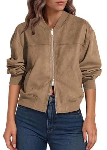 Lazysmile Women's Faux Suede Bomber Jackets Fall Fashion Outfits Winter Clothes Stand Collar Zip Up Coat Outwear with Pockets - Image 1