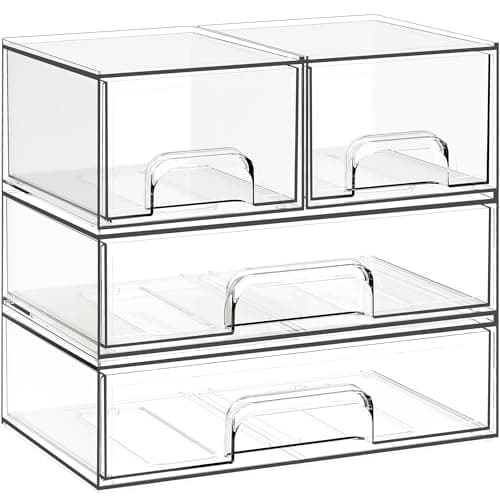 Criusia Stackable Storage Drawers, 4 Pack Clear Plastic Makeup & Bathroom Organizer, Versatile Storage Bins for Vanity, Under Sink, Kitchen Cabinets & Pantry - Image 1