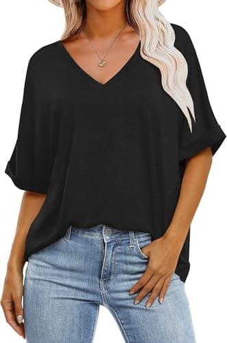 GKBK Womens Oversized T Shirts V Neck Loose Fit Shirts Short Sleeve Summer Casual Tops 2025 Trendy Blouses Y2K Plain Tees Black XL - Image 1