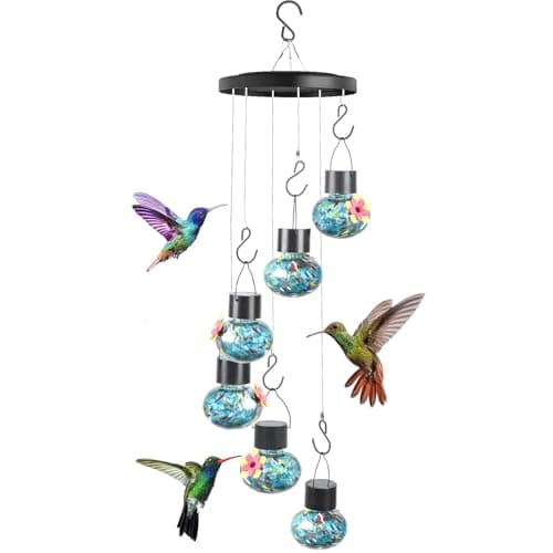 TAOZIMA Solar Wind Chimes Hummingbird Feeder for Outdooors, Blue Hand-Blown Glass Bird Feeders with Leak-Proof Design, Ant & Bee Resistant, Perfect Garden Patio Decor (Blue) - Image 1