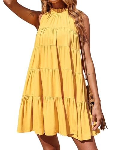 Okiwam Womens Summer Halter Dresses Sleeveless A Line Tiered Swing Mini 2025 Fall Casual Boho Beach Vacation Sundress-S Yellow - Image 1