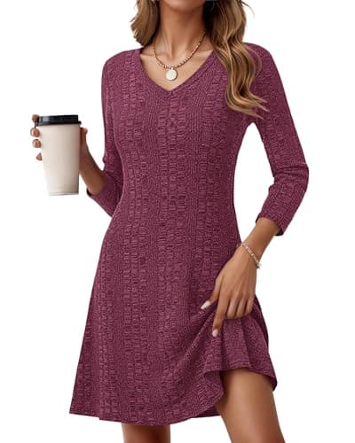 MOLERANI Women's Sweater Casual Dress Long Sleeve A Line Dresses V Neck 2025 - Early Fall Fashion Dresses Slimming Winter Party for Women Dating Holiday Knee Length, Wine Red, S - Image 1