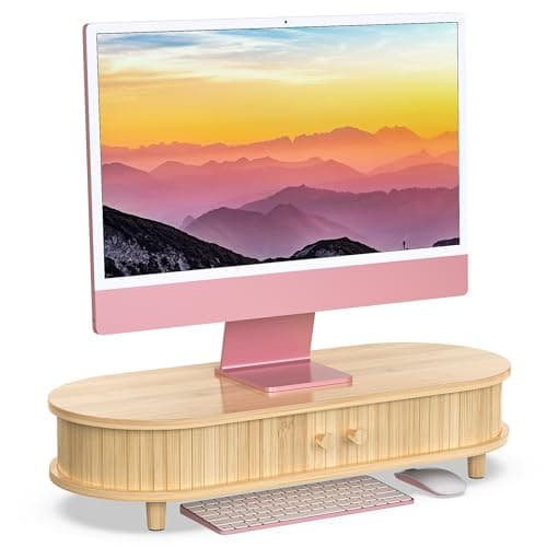 WELL WENG Bamboo Monitor Stand with Storage, Curved Computer Laptop Stand Desk Shelf Organizer with Sliding Doors (25 inch)