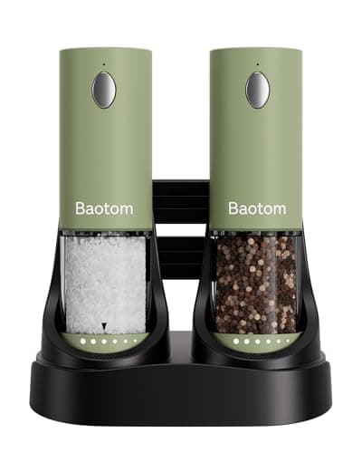 Baotom Electric Salt and Pepper Grinder Set with Dual Charging Base, 6 Adjustable Coarseness Levels & External Grind Settings, One-handed Operation Salt and Pepper Mills with LED Light,Green - Image 1